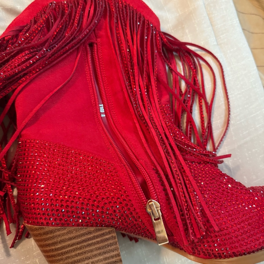 Red Fringe Women's Boots western sequence size 8 que piano zipper - Picture 6 of 8